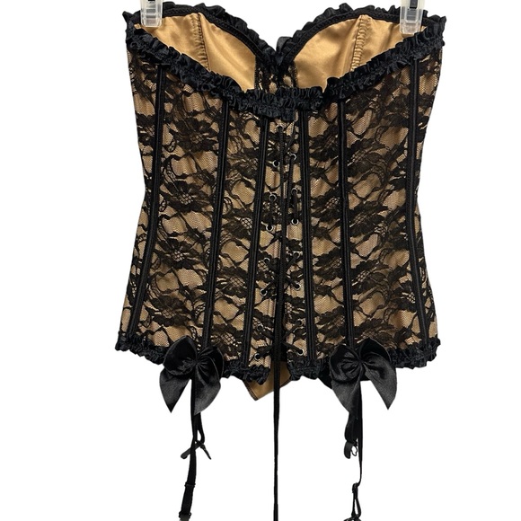 Corset Black Lace Overlay Bustier Top Sexy Steel Boned Body Shaper Womens Medium - Picture 8 of 14